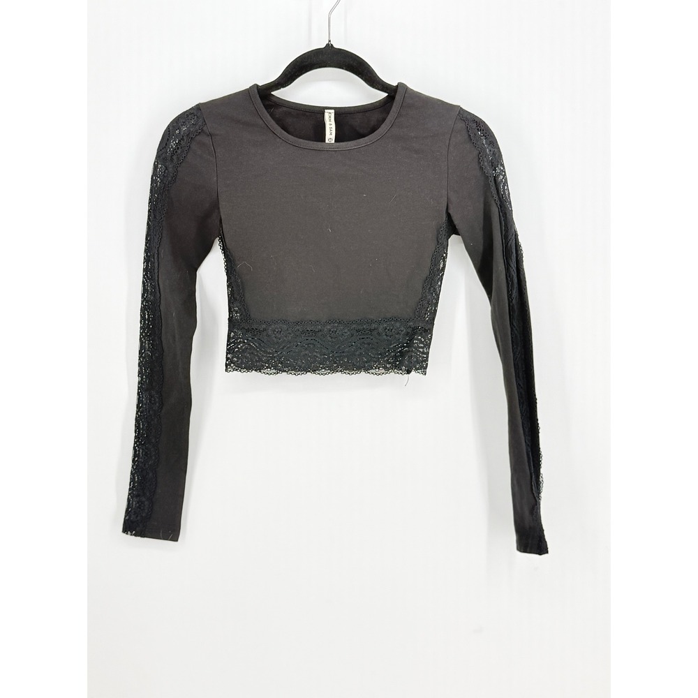 Emma & Sam Womens Whimsigoth Black Lace Trim Long Sleeve Crop Top Size XS Witchy